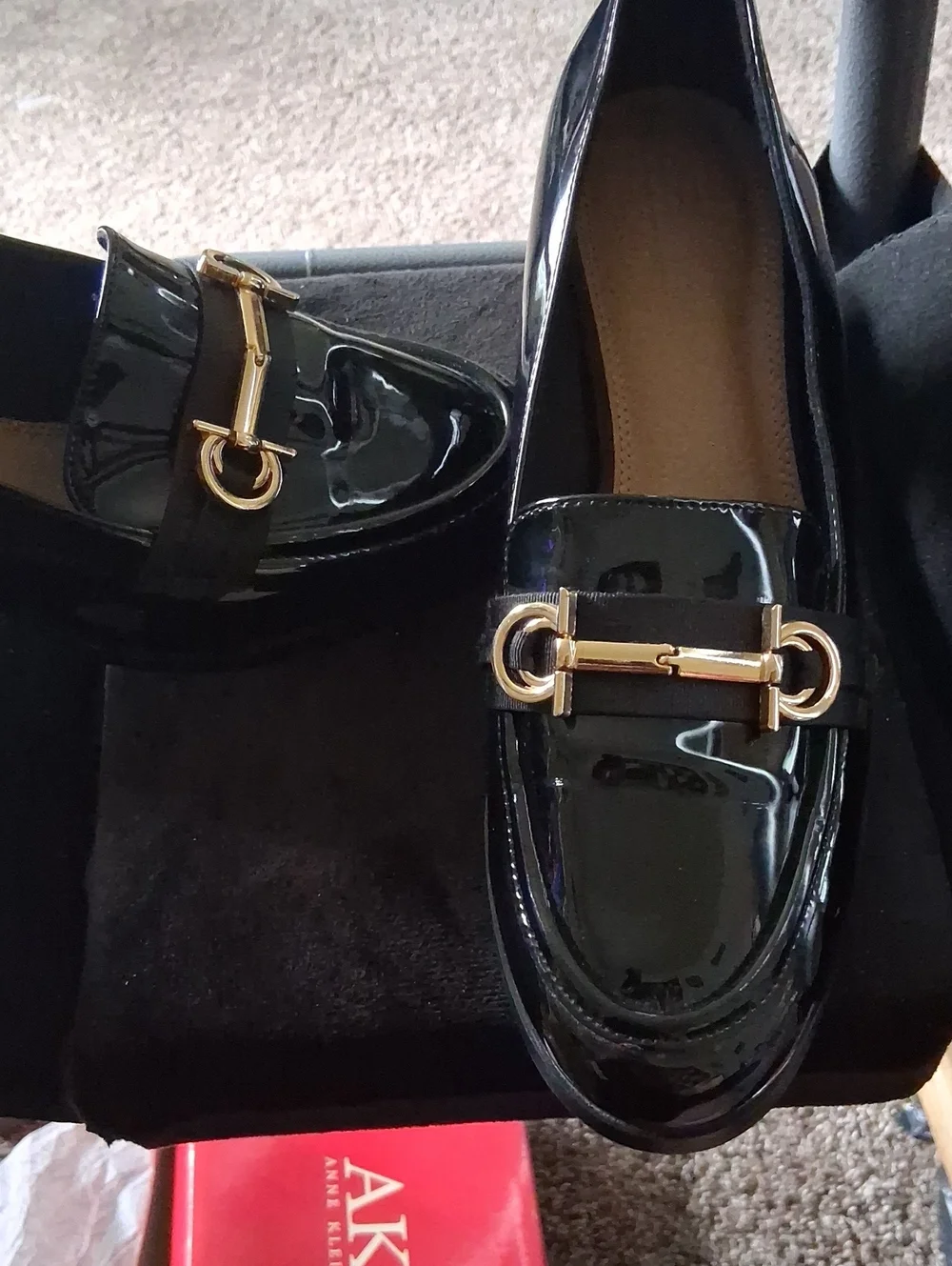 Women’s Black Patent Platform Loafers with Gold Horsebit